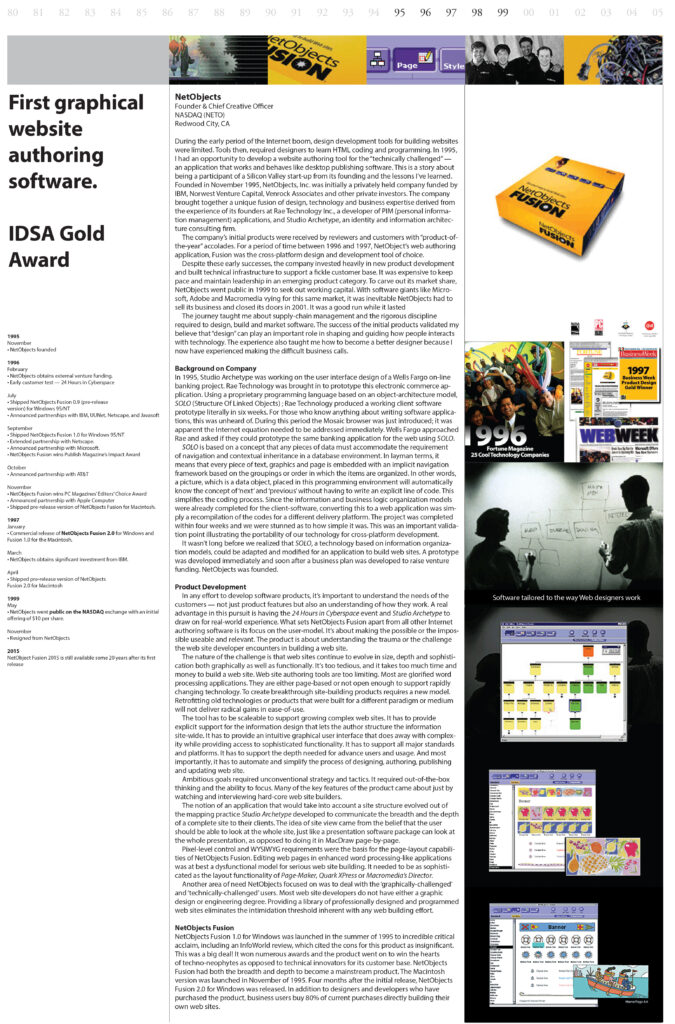 Image with text and photos chronicling the evolution of NetObjects Fusion, the first graphic-based GUI website authoring software